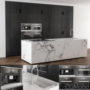 Kitchen Black Wood And Marble Island