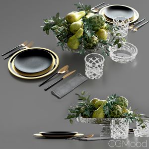 Table Setting With Fruits In Crystal Vase