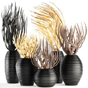 Collection Of Decorative Vases With Branches. Gold