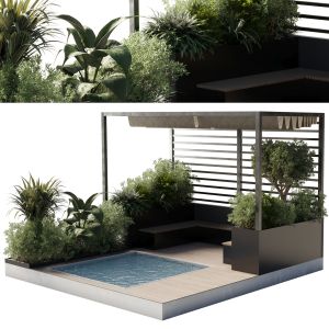 Landscape Furniture By Pool With Pergola And Roof