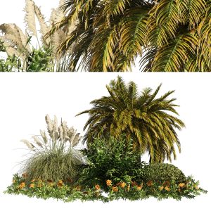 Outdoor Garden Set, Palm Tree, Bush & Flowers