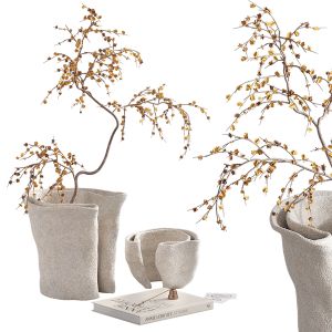 Decorative Set With A Tree Branch In Beige Vases