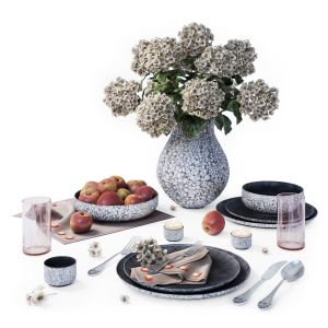 Gray Tableware And Beige Hydrangea