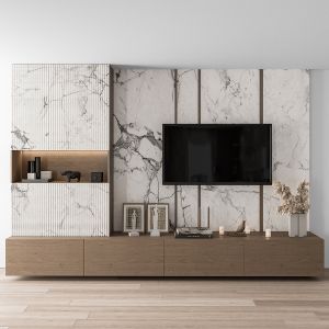 TV Wall White Stone And Wood - Set 15