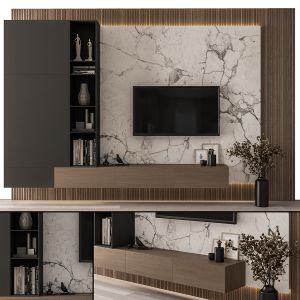 TV Wall Black And Wood With Stone Slab - Set 23