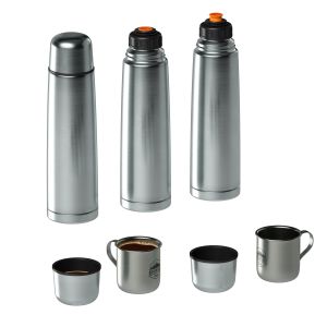 Metal Thermos And Mug With Tea Or Coffee