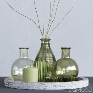 Green Glass Votive Collection With Wooden Tray