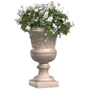 White Petunia Flowers In A Classic Flowerpot