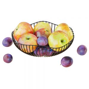 Apples And Plums In A Round Metal Vase