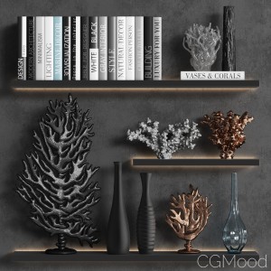 Decorative Set Of Coral Books And Vases