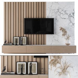 Tv Wall Wood And White Marble - Set 01