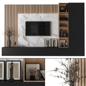 TV Wall Wood And White Marble - Set 02