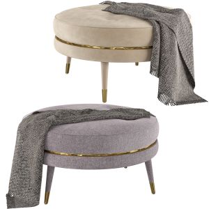 Round Button Tufted Taupe Brass Ottoman