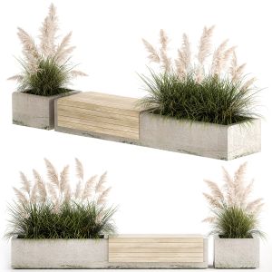 Bench With Flowerpot And Bushes For Outdoor Decor