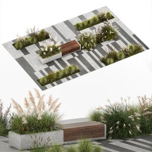 Bushes And A Bench With Paving Slabs For An Urban