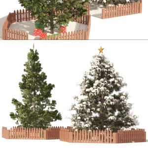 2 Outdoor Christmas Trees With Wood Fence