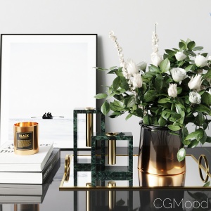 West Elm Decor Set White Rose Bouquet Green Marble