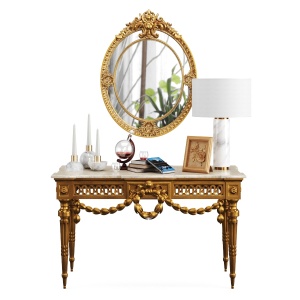 Louis Xvi Console In Gilt Wood & Oval Brown Resin