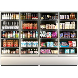 Large Fridge In The Supermarket With Drinks, Food