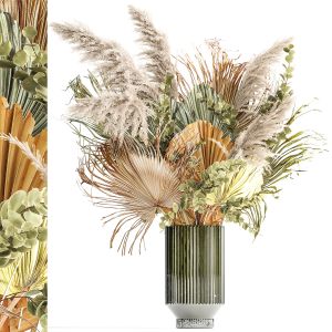 Bouquet Of Dried Flowers Vase Palm Leaf Pampas